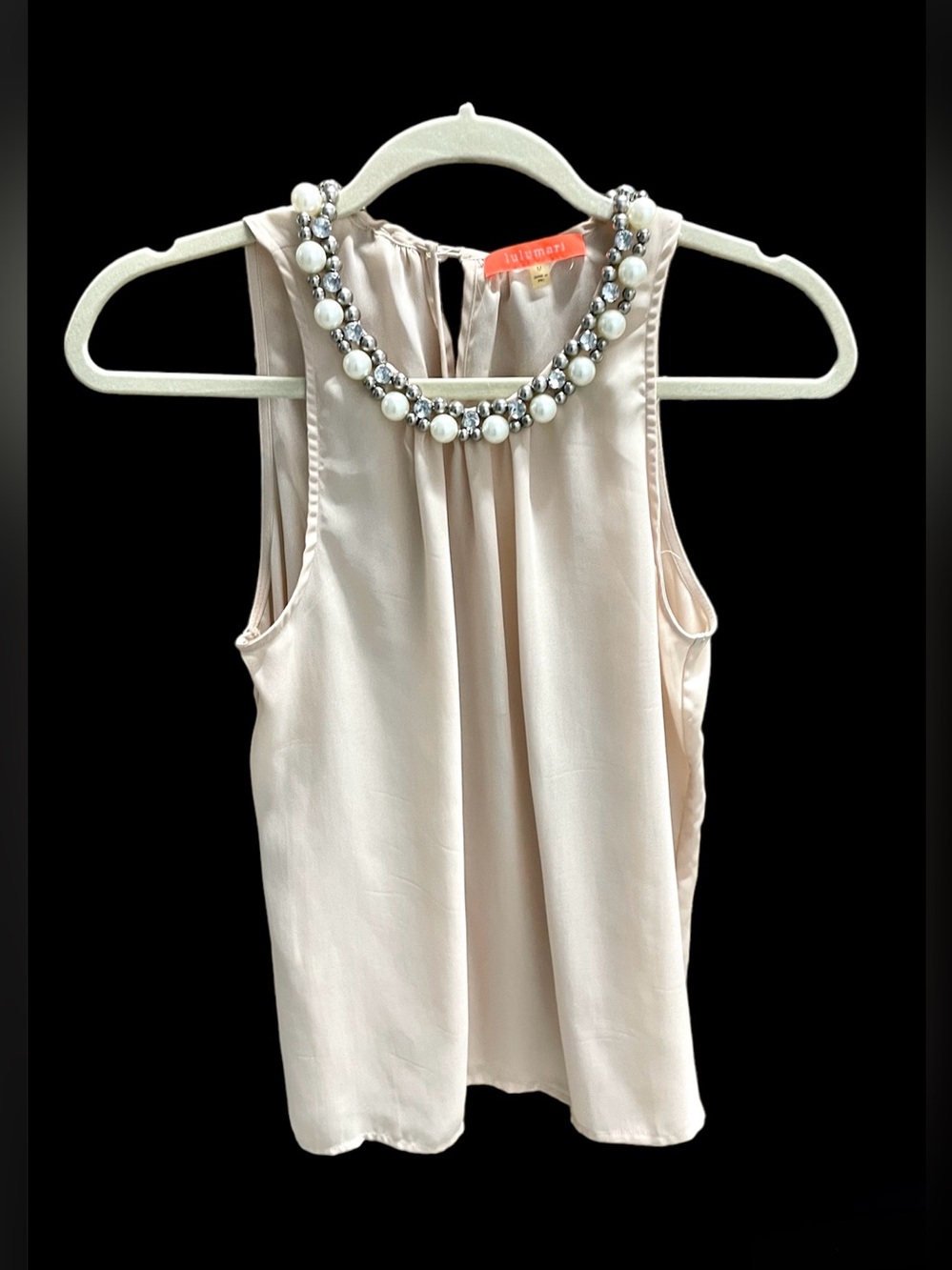 Lulumari Nude Beige Sleeveless Blouse with Pearl Embellished Neckline Sz M